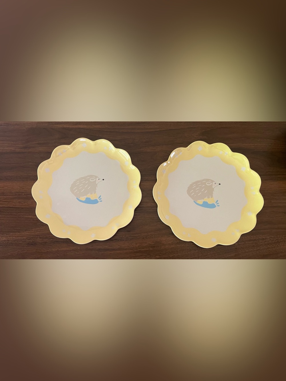 Pillowfort Set Of 2 Scalloped 10" Dinner Plates Hedgehog Animal Spring Set NEW